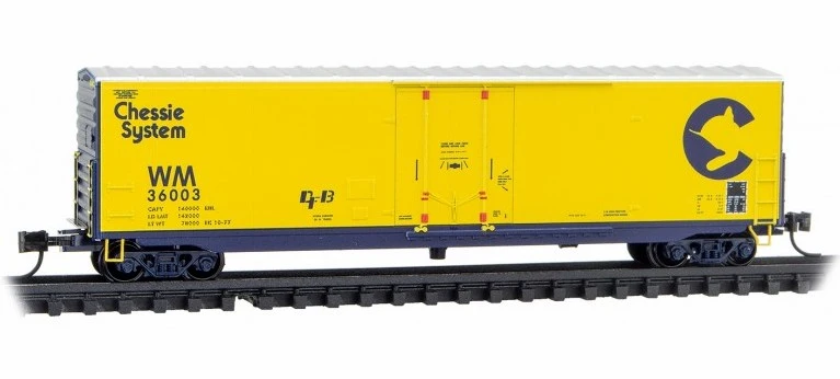 Micro-Trains N 18100310 50' Standard Box Car With 8' Plug Door, No Roofwalk, And Short Ladders, Chessie System (WM) #36003 1 Micro-Trains N 18100310 50' Standard Box Car With 8' Plug Door, No Roofwalk, And Short Ladders, Chessie System (WM) #36003